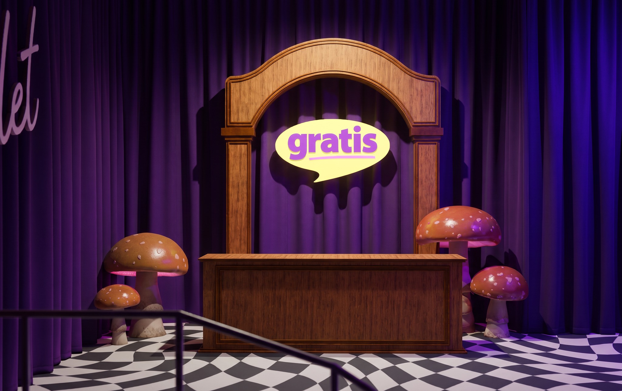 Gratis ticket booth framed by red mushrooms