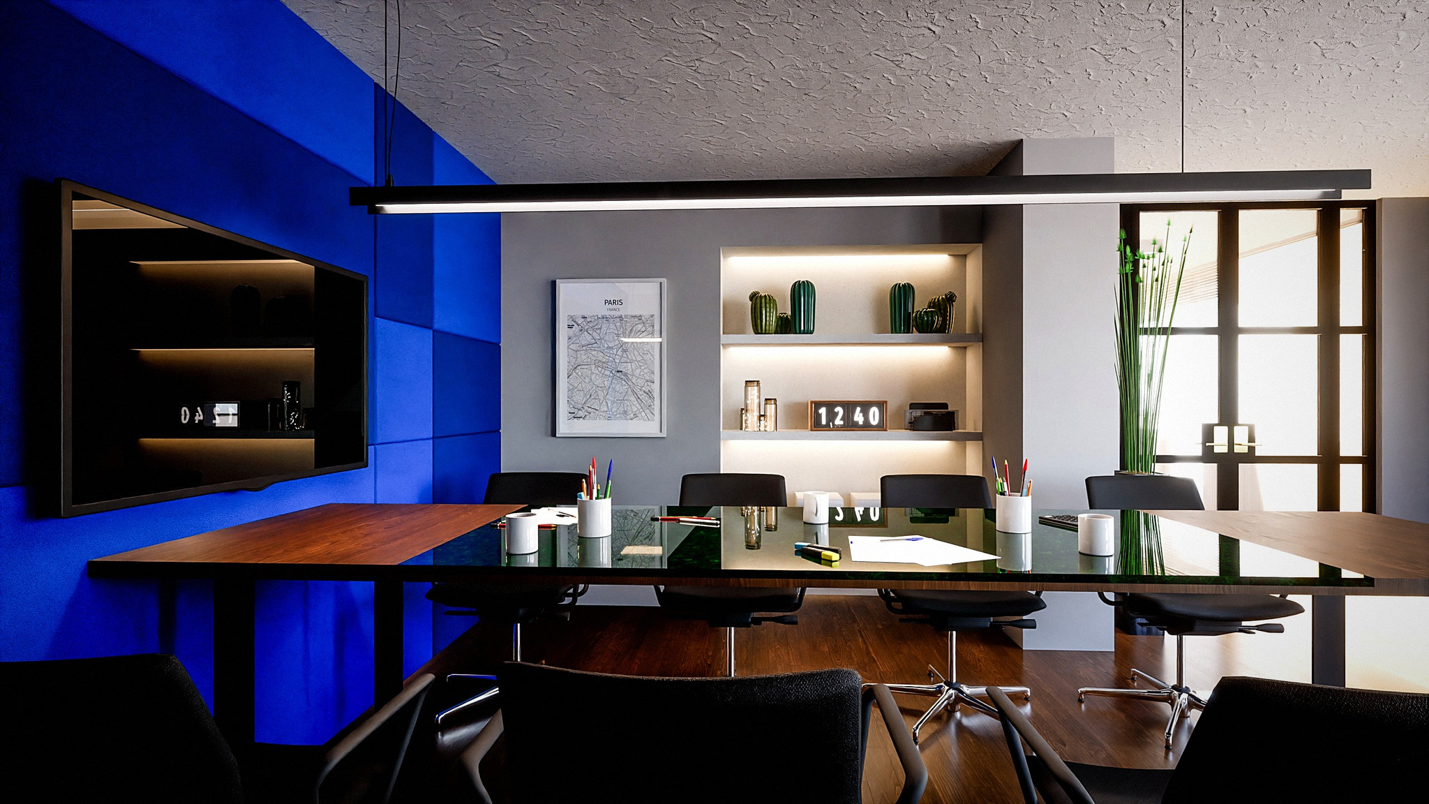 DUM blue meeting room with geometric ceiling lighting