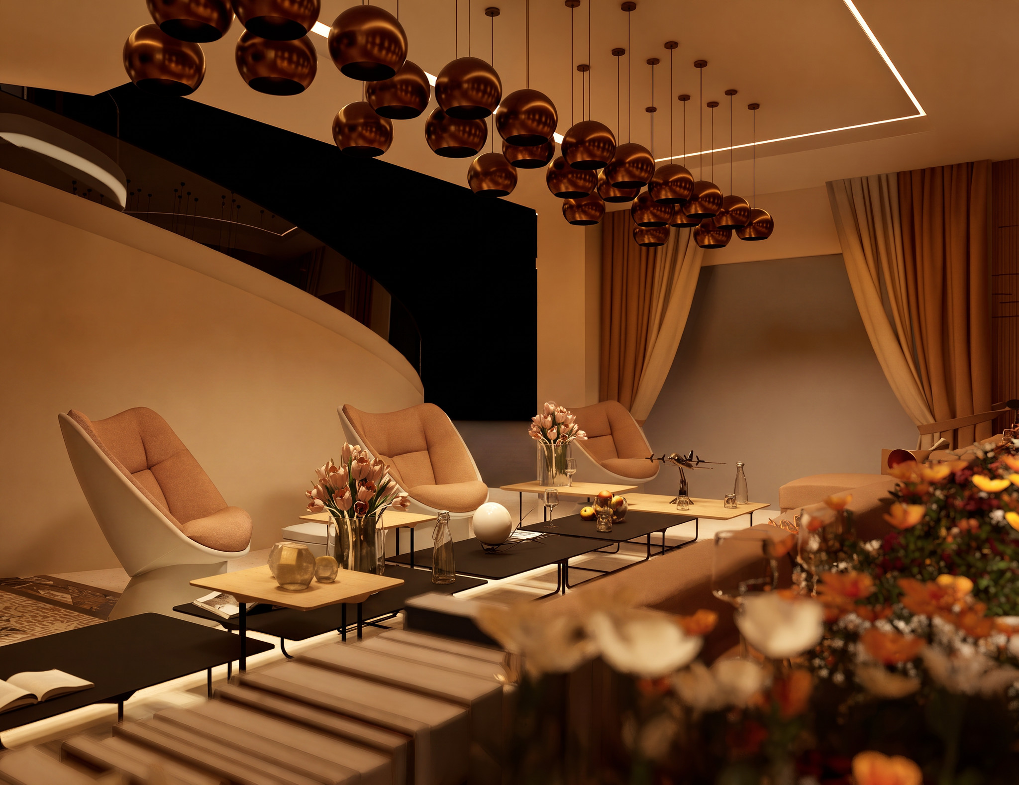 Wynn lounge with sculptural pendant lighting